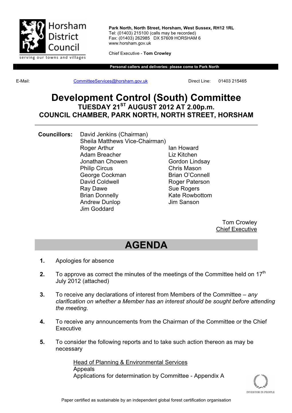 Development Control (South) Committee TUESDAY 21ST AUGUST 2012 at 2.00P.M