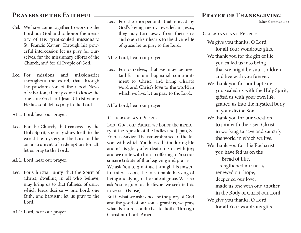 Prayers of the Faithful Prayer of Thanksgiving Lec