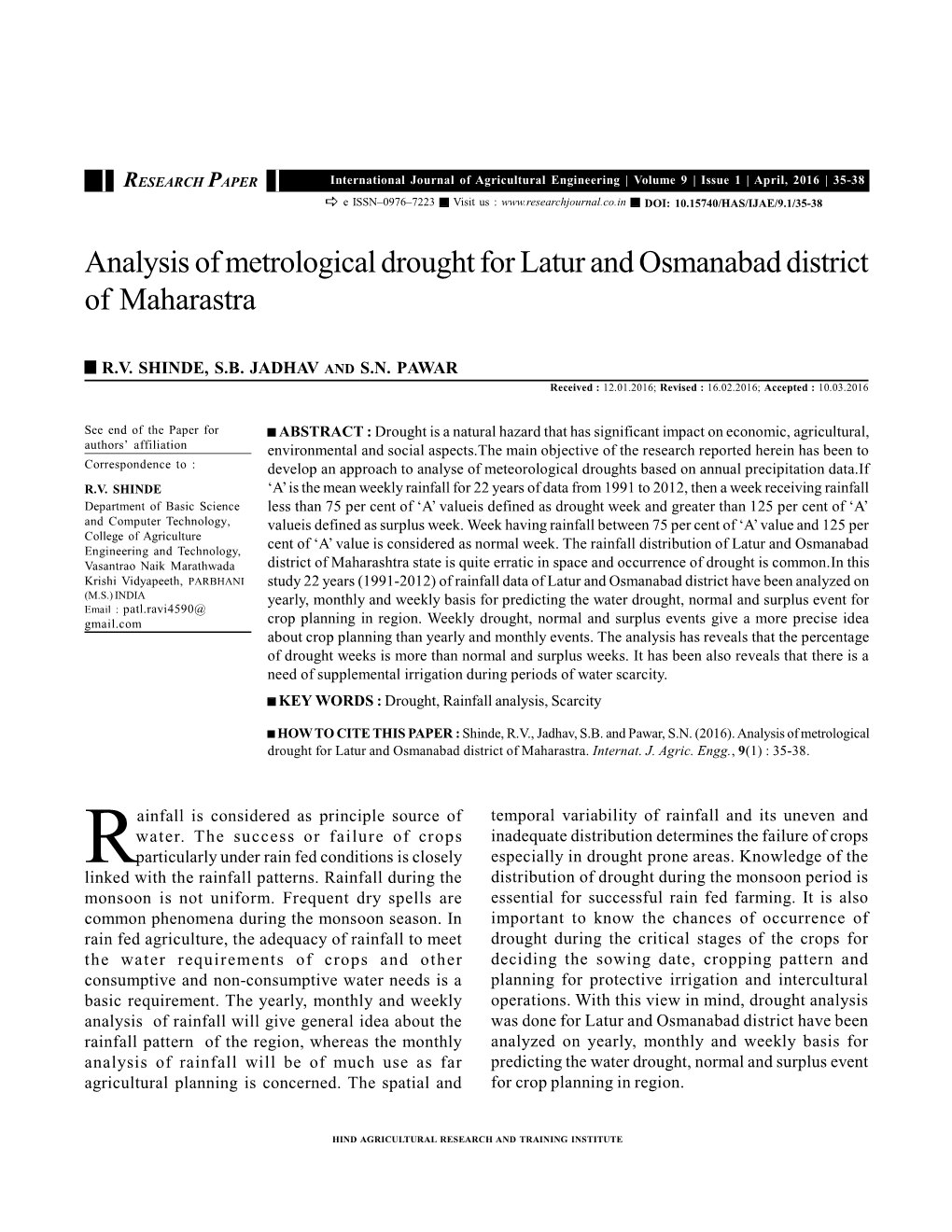 Analysis of Metrological Drought for Latur and Osmanabad District of Maharastra