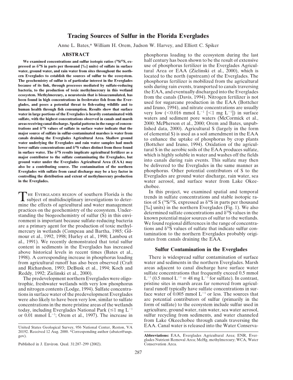 Tracing Sources of Sulfur in the Florida Everglades Anne L