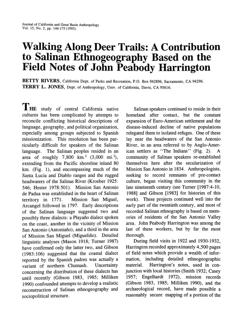 Walking Along Deer Trails: a Contribution to Salinan Ethnogeography Based on the Field Notes of John Peabody Harrington