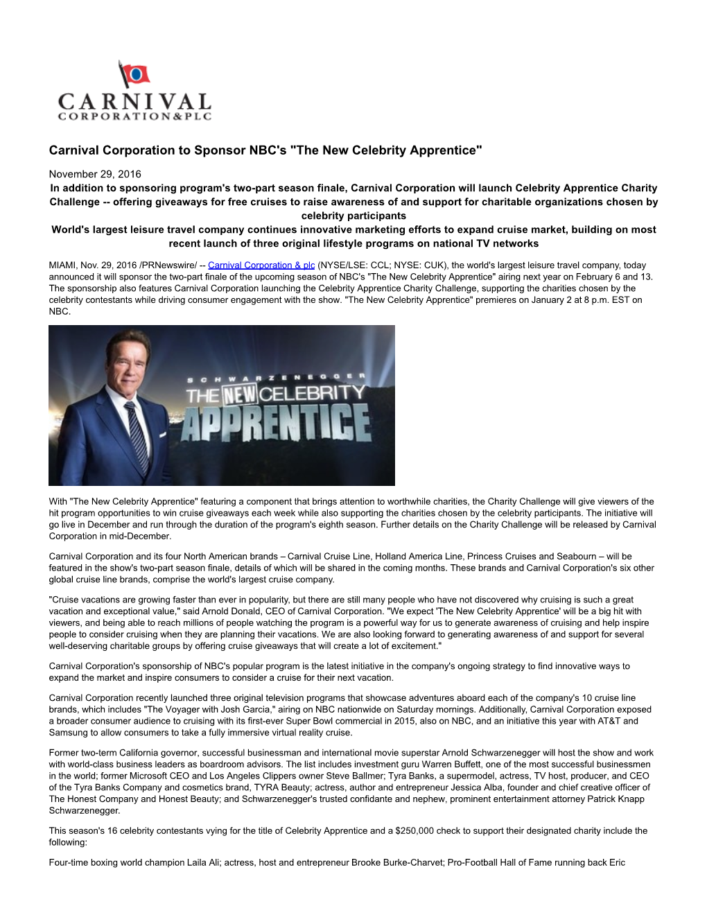 Carnival Corporation to Sponsor NBC's "The New Celebrity Apprentice"