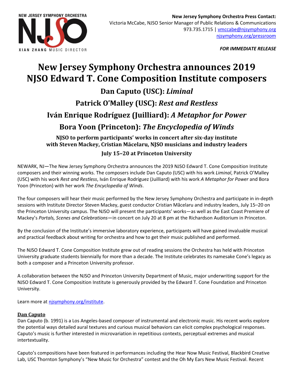 New Jersey Symphony Orchestra Announces 2019 NJSO Edward T