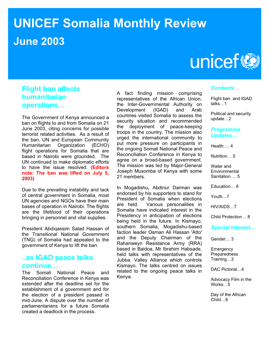 UNICEF Somalia Monthly Review June 2003