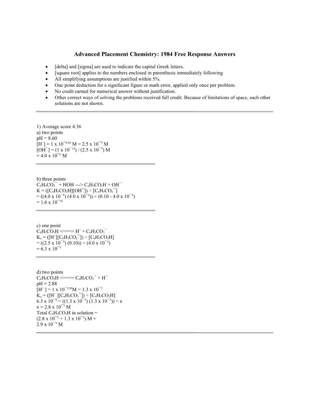 Advanced Placement Chemistry: 1984 Free Response Answers