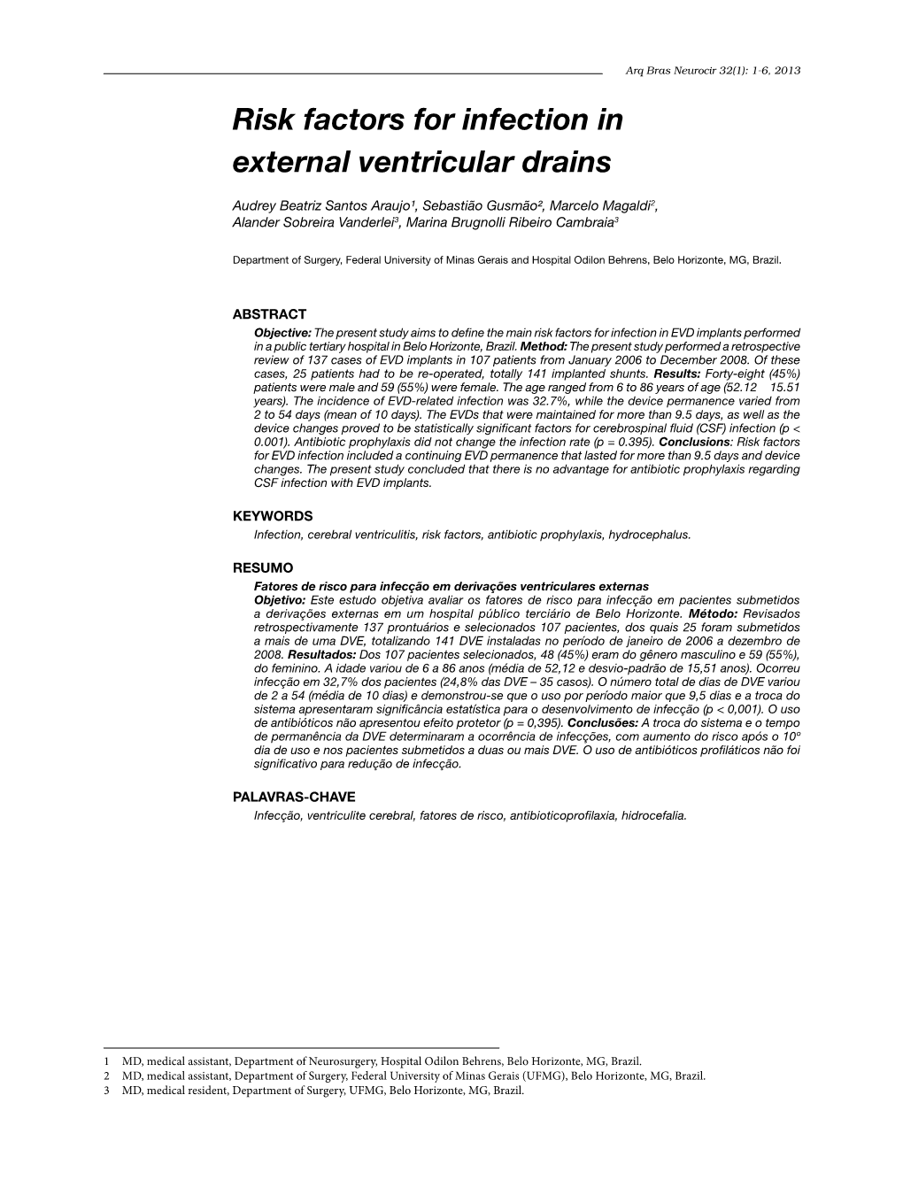 Risk Factors for Infection in External Ventricular Drains