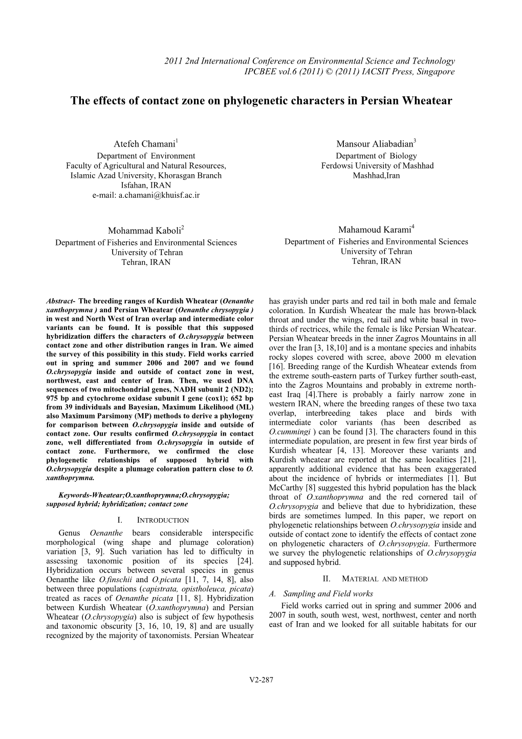 The Effects of Contact Zone on Phylogenetic Characters in Persian Wheatear