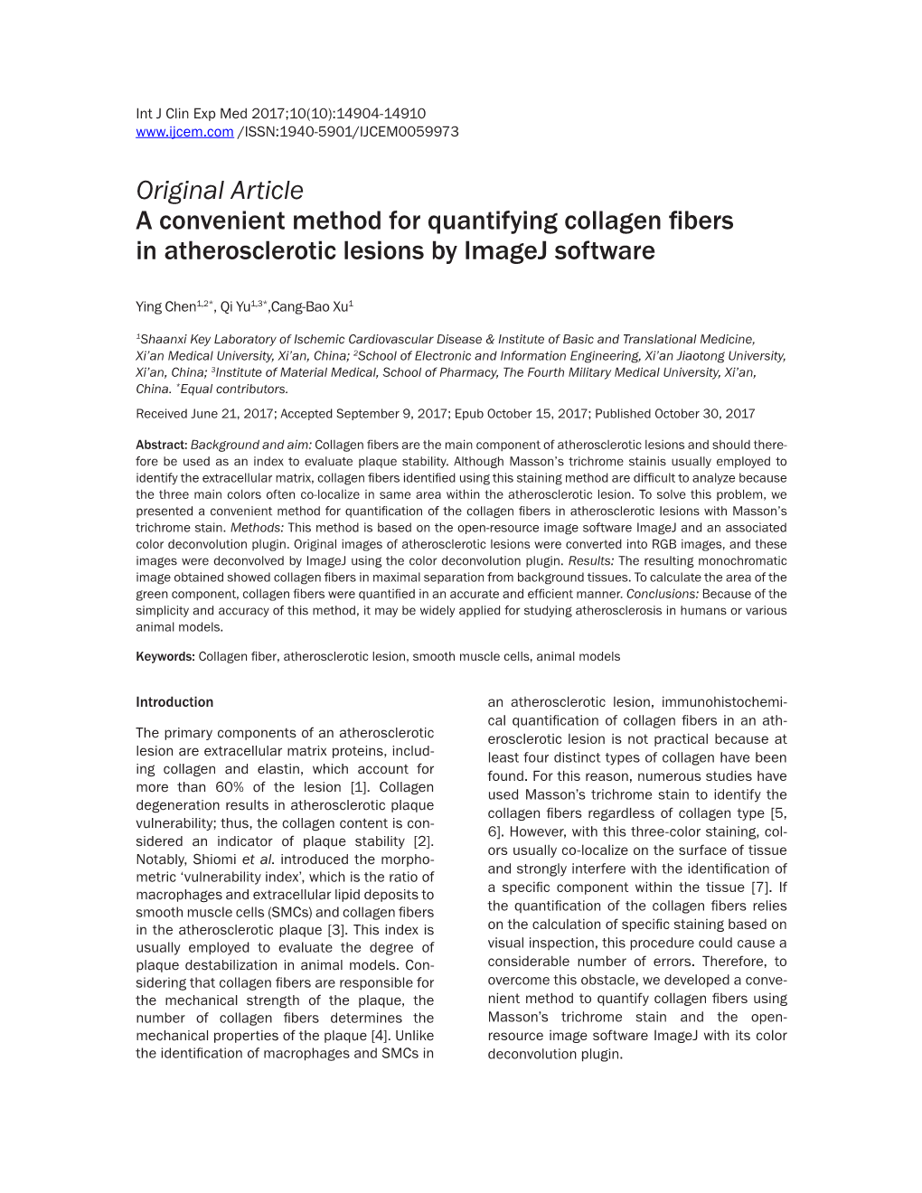 A Convenient Method for Quantifying Collagen Fibers in Atherosclerotic Lesions by Imagej Software