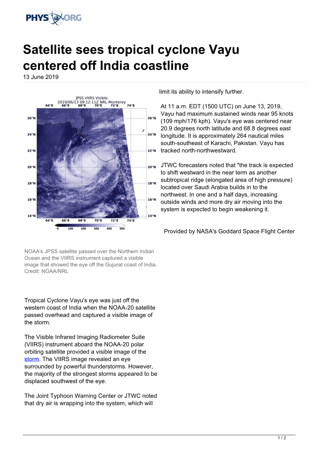 Satellite Sees Tropical Cyclone Vayu Centered Off India Coastline 13 June 2019