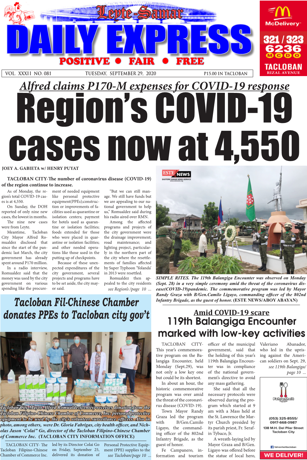 Daily Express NEWS Tuesday, September 29, 2020 Biliran Capital Restricts Deped-E