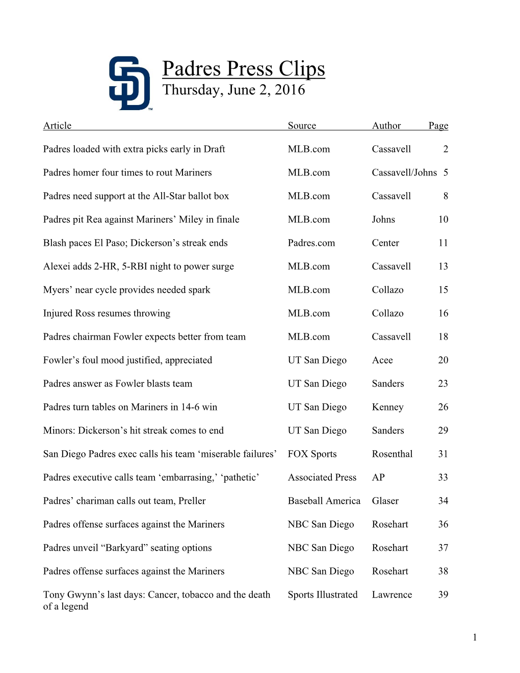Padres Press Clips Thursday, June 2, 2016