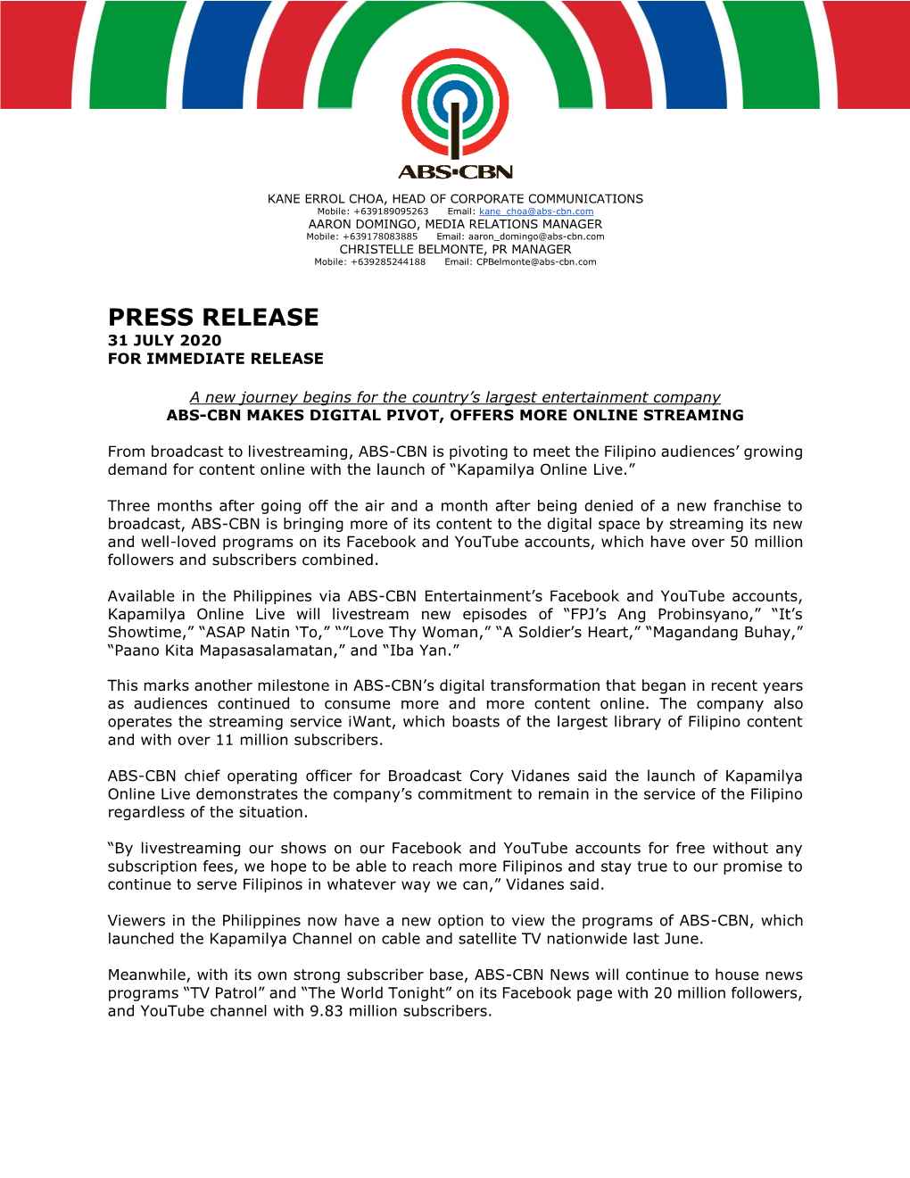 Press Release 31 July 2020 for Immediate Release