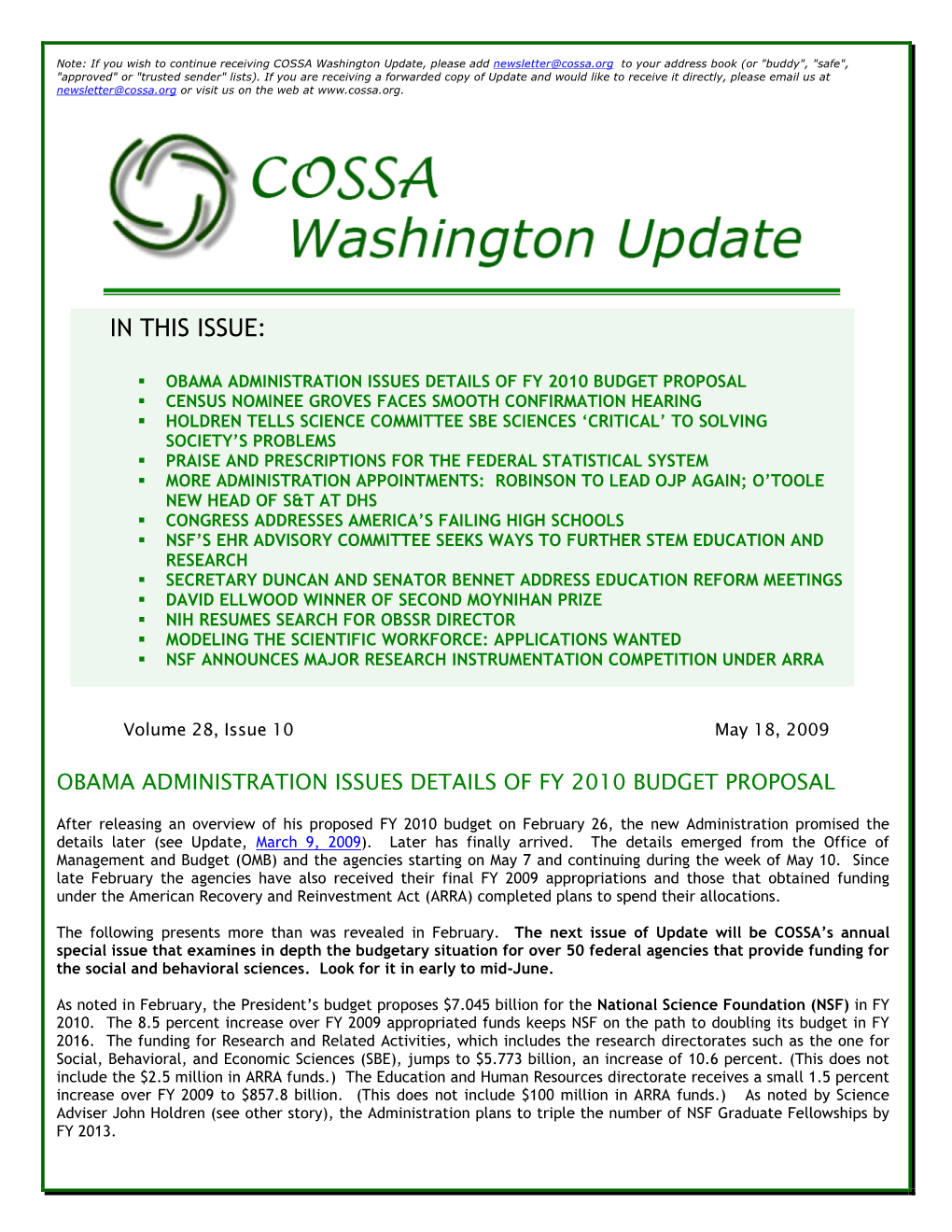 COSSA Washington Update, Please Add Newsletter@Cossa.Org to Your Address Book (Or "Buddy", "Safe", "Approved" Or "Trusted Sender" Lists)