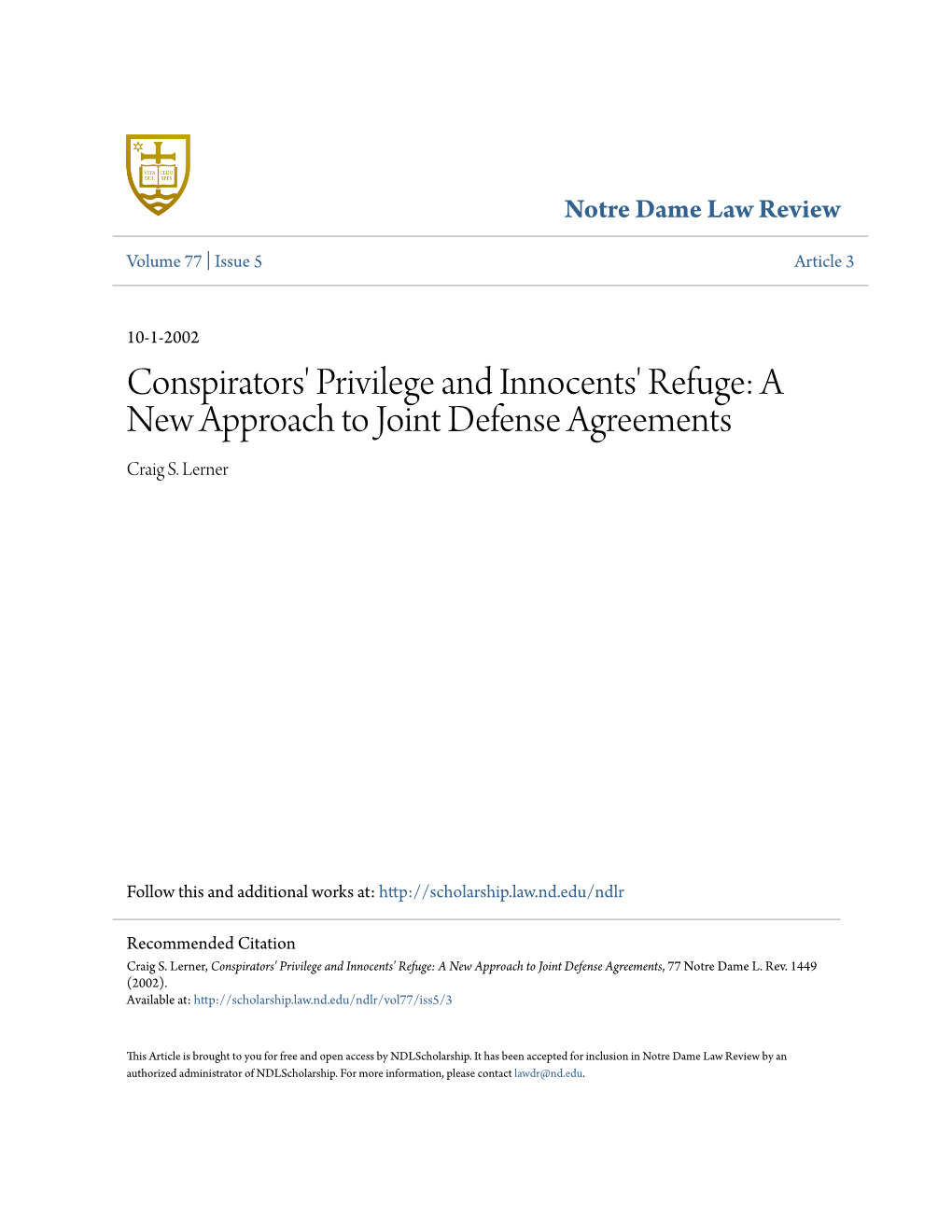 A New Approach to Joint Defense Agreements Craig S
