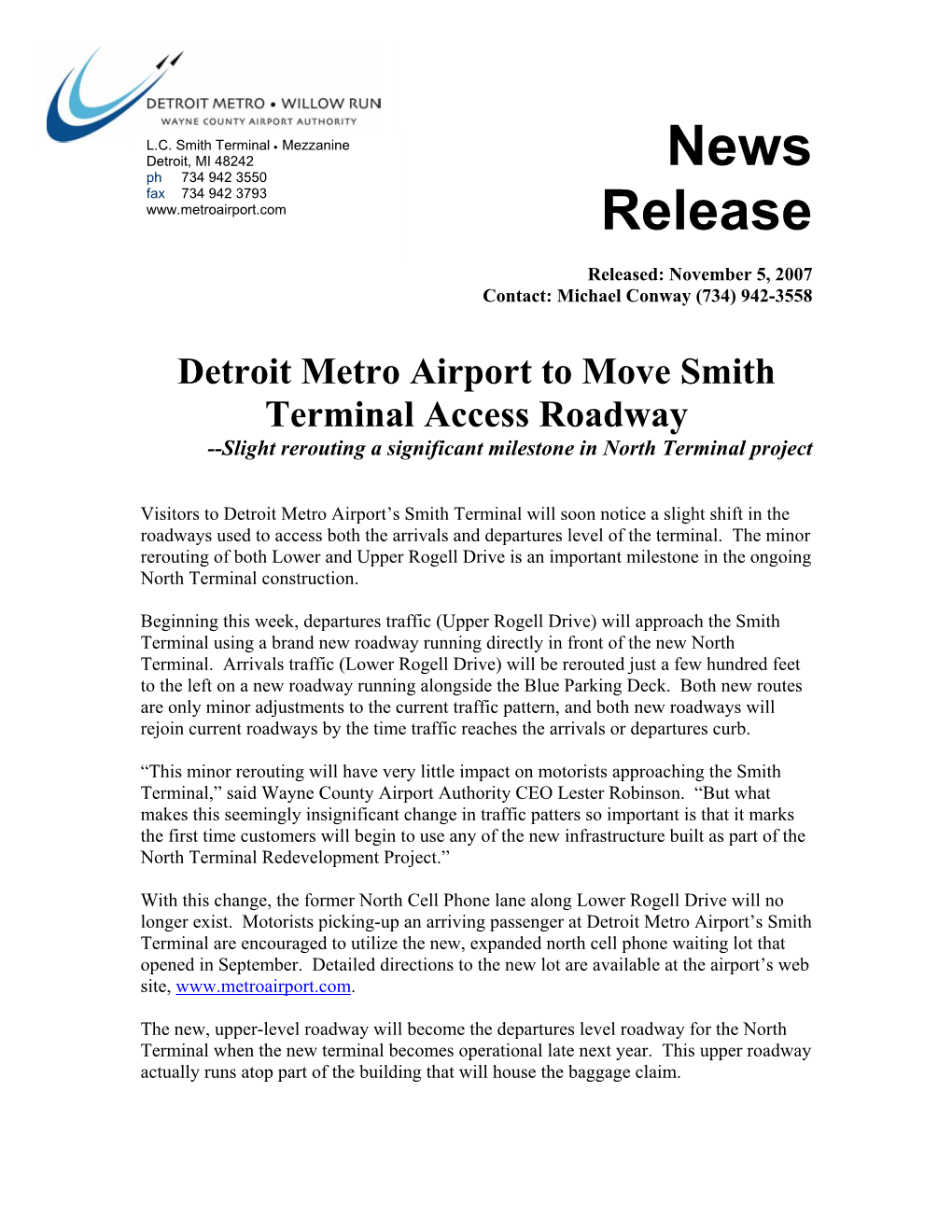 Detroit Metro Airport to Move Smith Terminal Access Roadway --Slight Rerouting a Significant Milestone in North Terminal Project