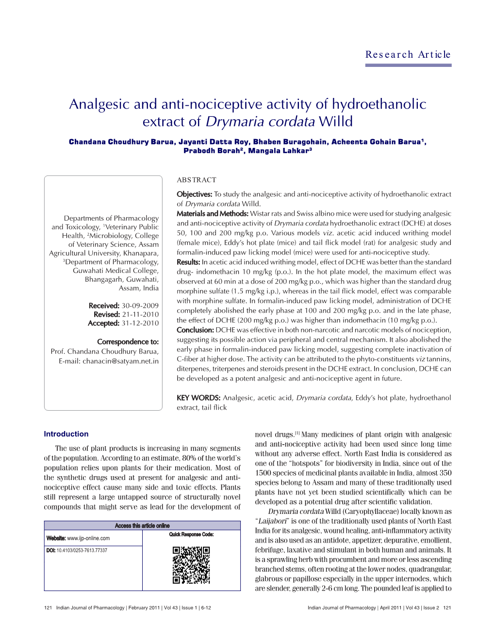 Analgesic and Anti-Nociceptive Activity of Hydroethanolic Extract of Drymaria Cordata Willd