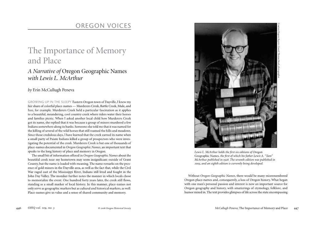 The Importance of Memory and Place a Narrative of Oregon Geographic Names with Lewis L