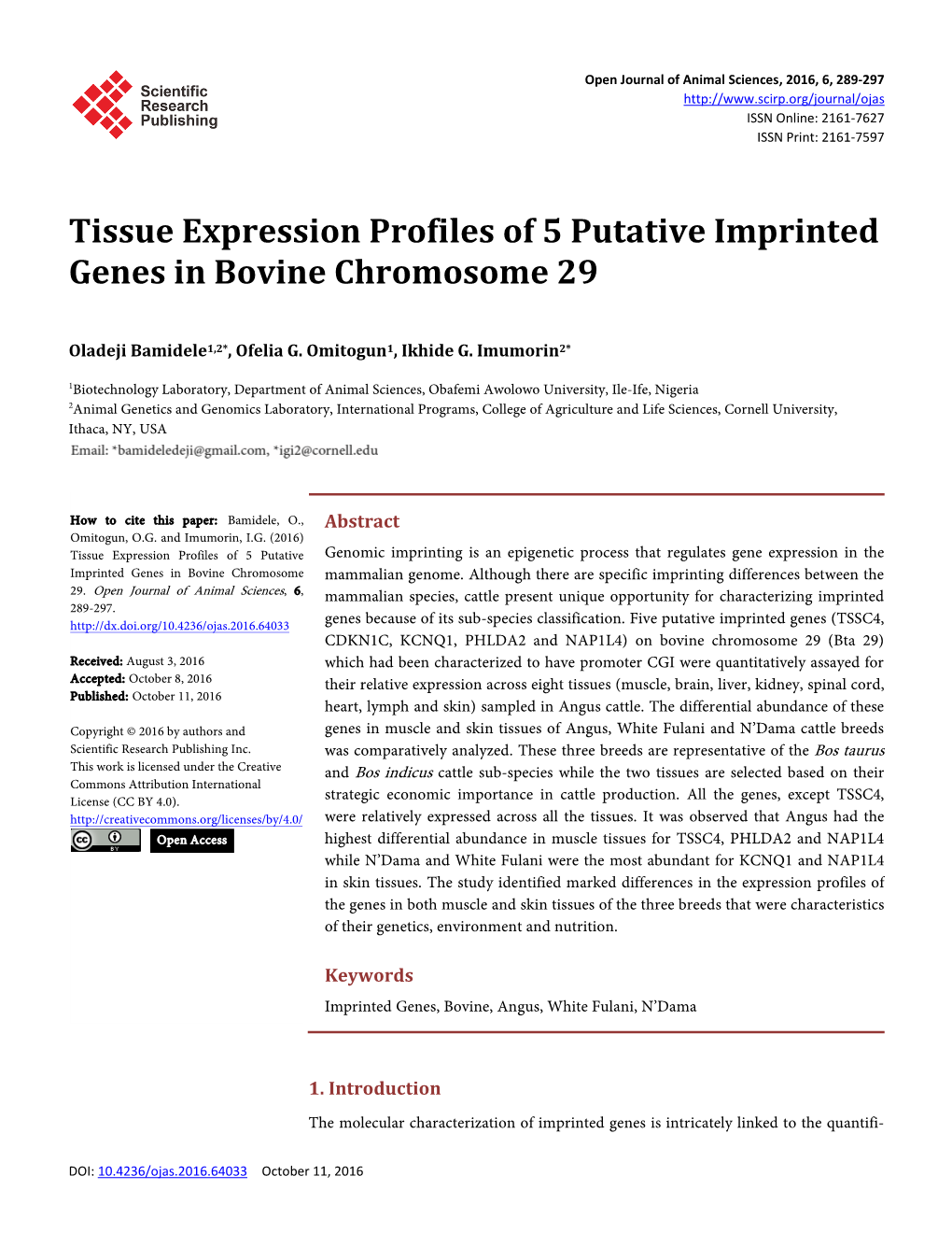 Tissue Expression Profiles of 5 Putative Imprinted Genes in Bovine Chromosome 29