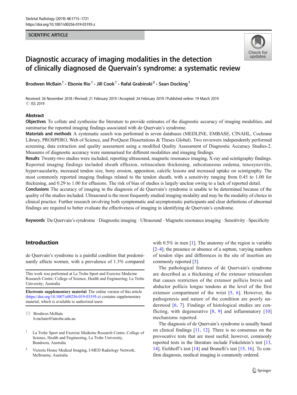 Diagnostic Accuracy of Imaging Modalities in the Detection of Clinically Diagnosed De Quervain’S Syndrome: a Systematic Review