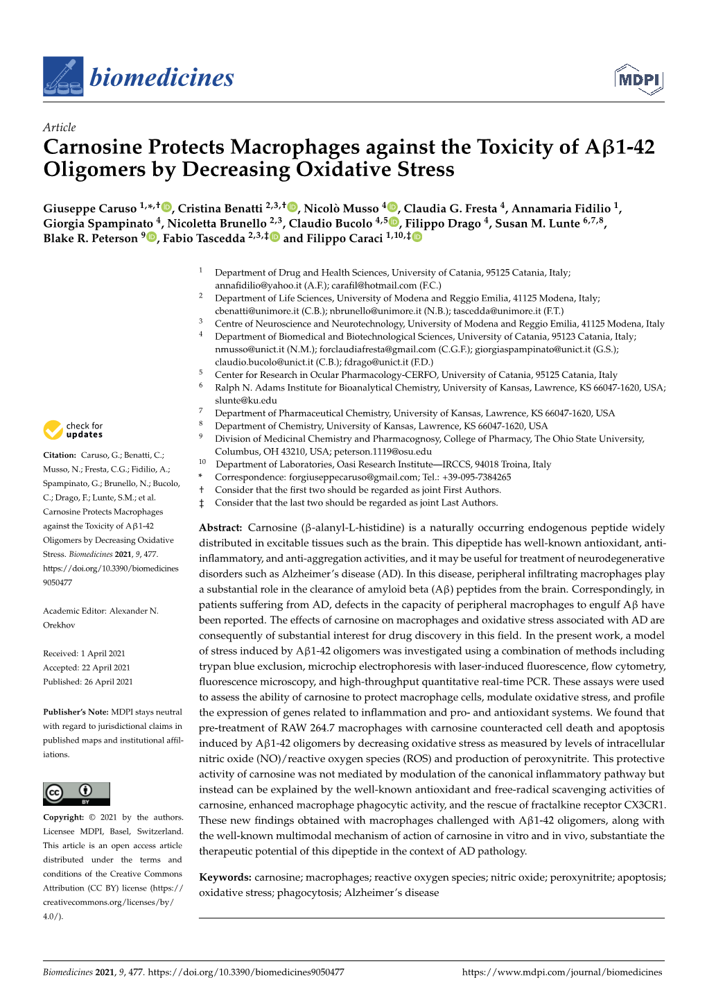 Carnosine Protects Macrophages Against the Toxicity of Aβ1-42 Oligomers by Decreasing Oxidative Stress