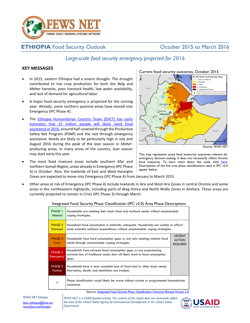 ETHIOPIA Food Security Outlook October 2015 to March 2016 Large