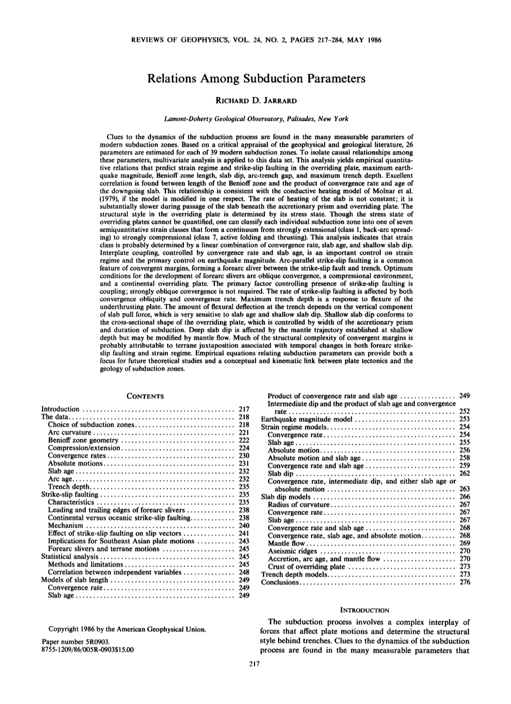 Relations Among Subduction Parameters