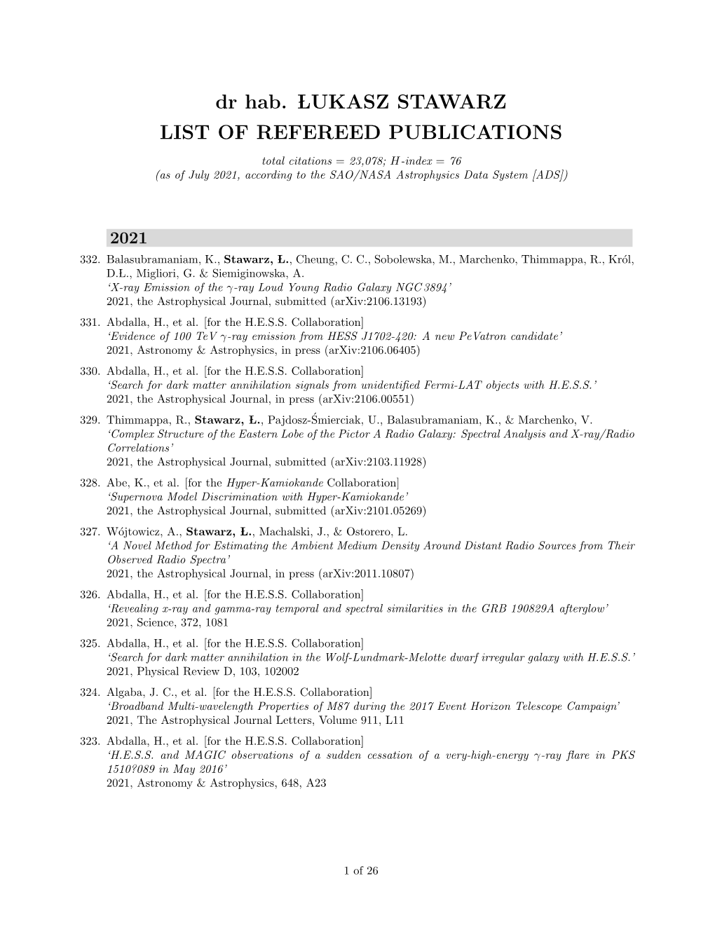 Dr Hab. LUKASZ STAWARZ LIST of REFEREED PUBLICATIONS