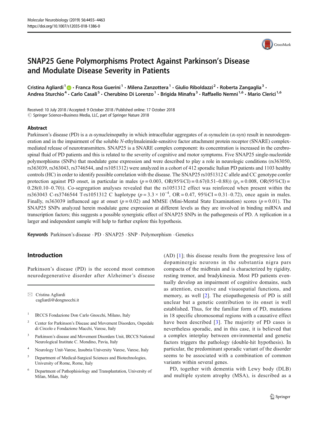 SNAP25 Gene Polymorphisms Protect Against Parkinson's Disease And