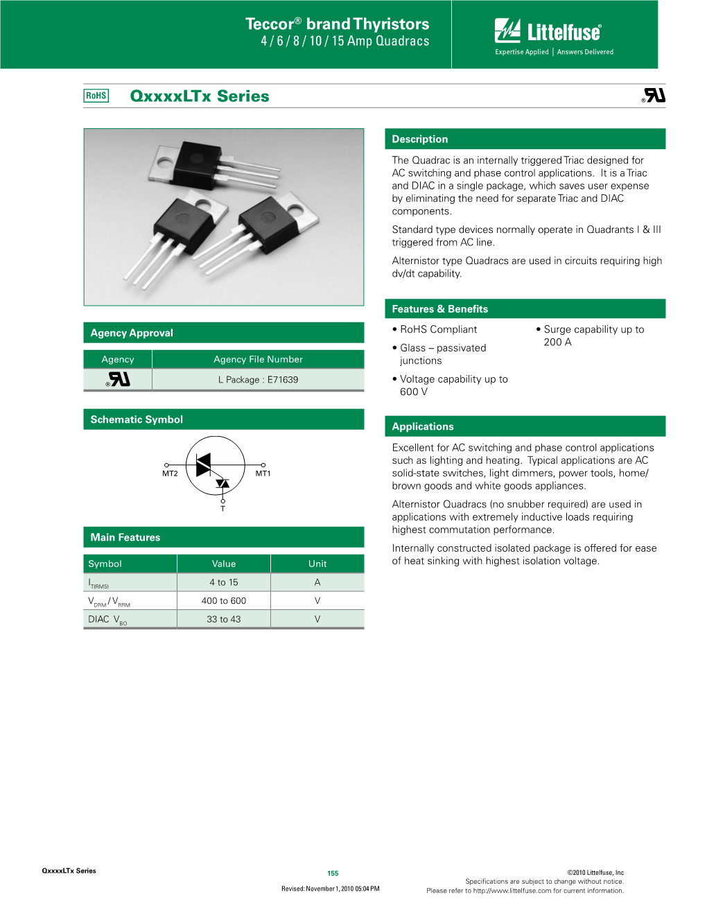 Teccor® Brand Thyristors Qxxxxltx Series