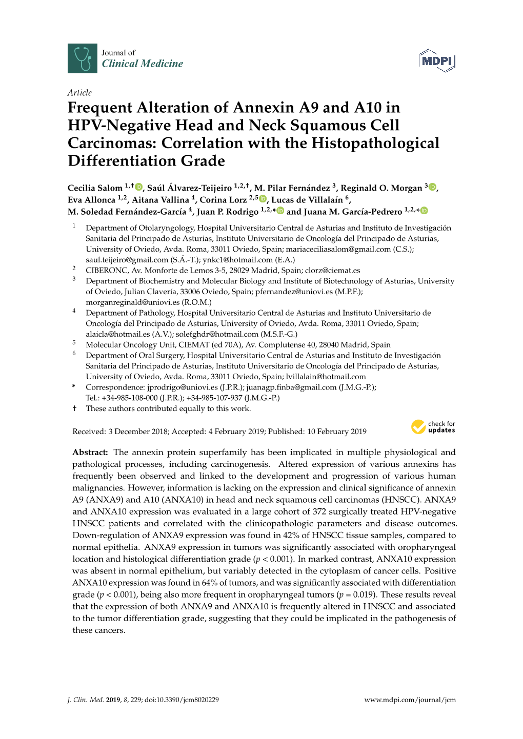 Frequent Alteration of Annexin A9 and A10 in HPV-Negative Head and Neck Squamous Cell Carcinomas: Correlation with the Histopathological Differentiation Grade