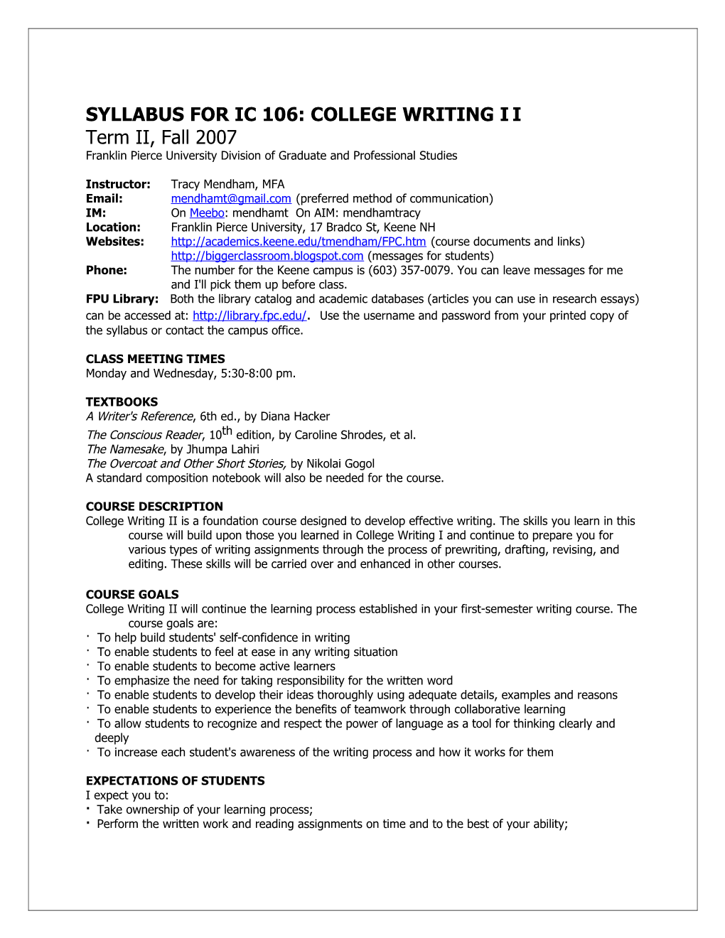 Syllabus For Ic 106: College Writing Ii