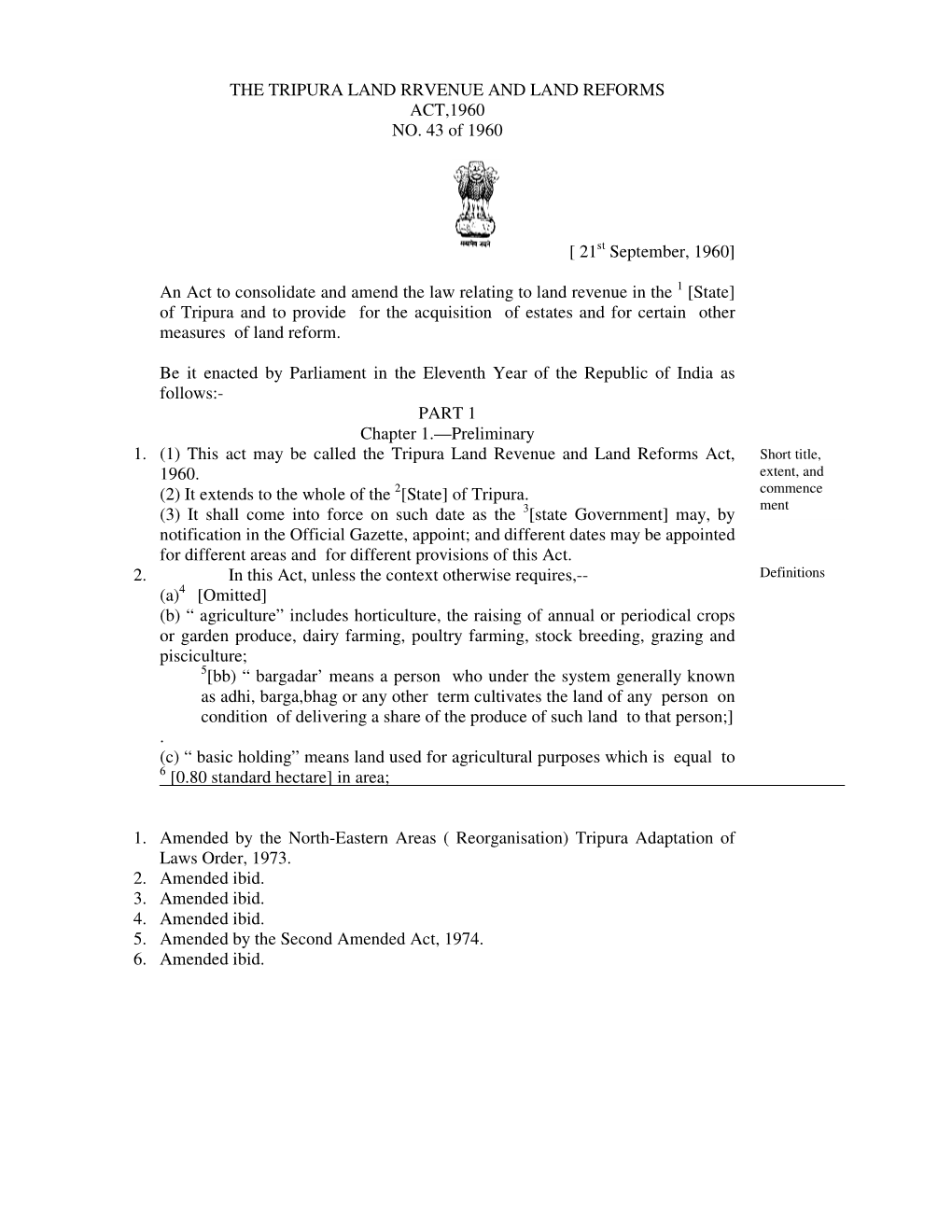 Tripura Land Revenue and Land Reforms Act, 1960