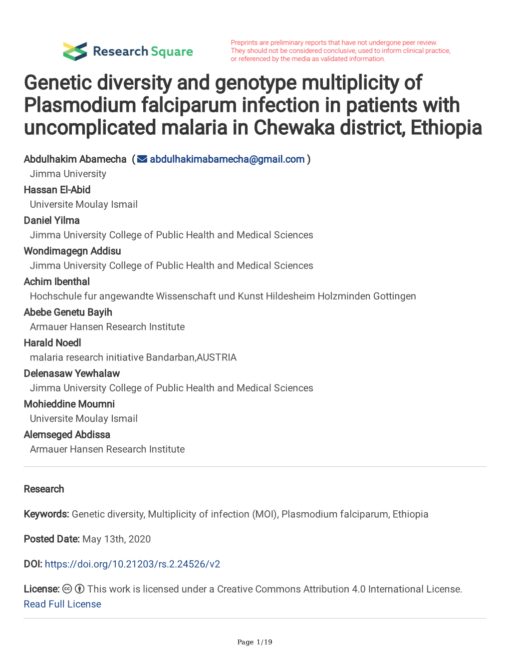 Genetic Diversity and Genotype Multiplicity of Plasmodium Falciparum Infection in Patients with Uncomplicated Malaria in Chewaka District, Ethiopia