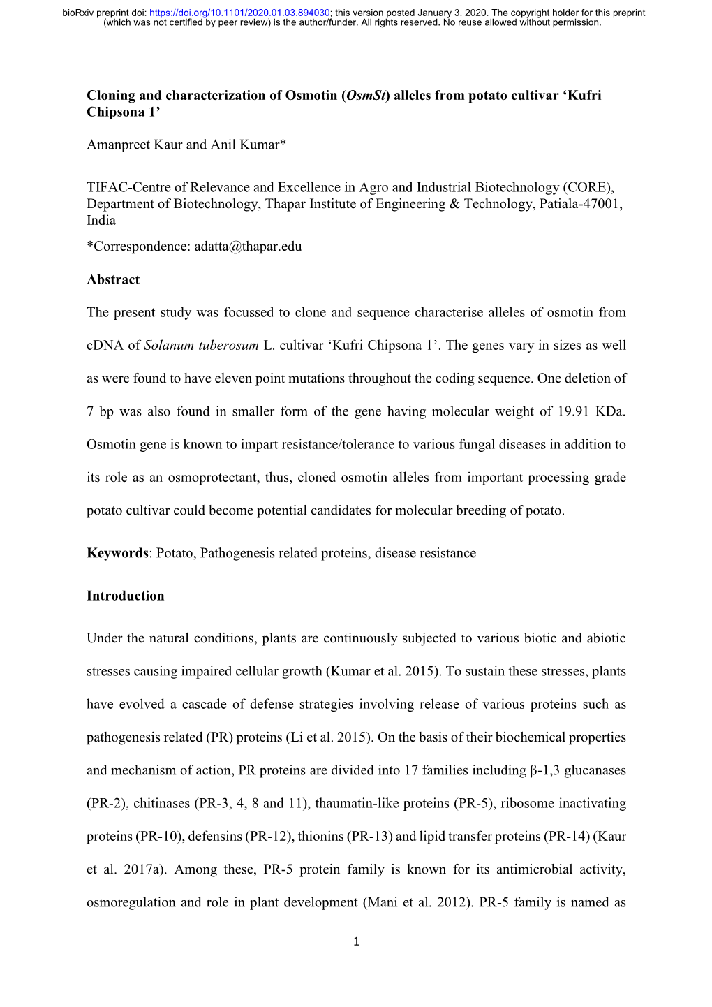 Cloning and Characterization of Osmotin (Osmst) Alleles from Potato Cultivar ‘Kufri Chipsona 1’