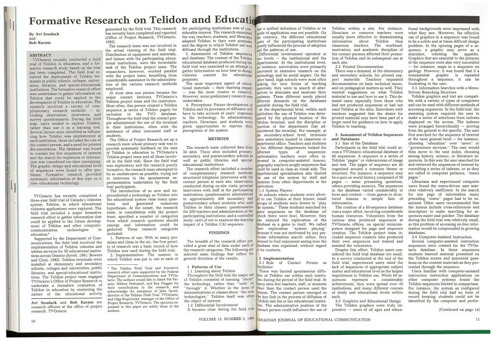 Formative Research on Telidon and Educati Generated by the Field Trial