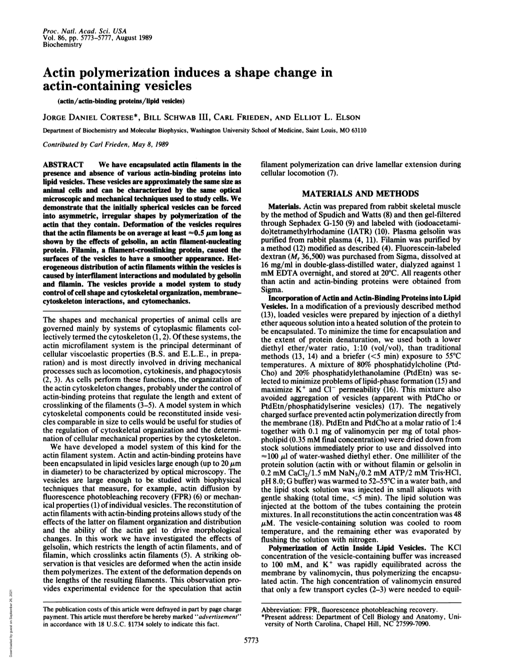 Actin-Containing Vesicles (Actin/Actin-Binding Proteins/Lipid Vesicles) JORGE DANIEL CORTESE*, BILL SCHWAB III, CARL FRIEDEN, and ELLIOT L