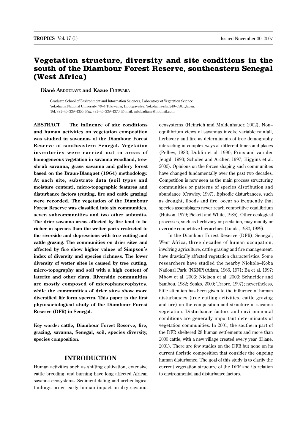 Vegetation Structure, Diversity and Site Conditions in the South of the Diambour Forest Reserve, Southeastern Senegal (West Africa)