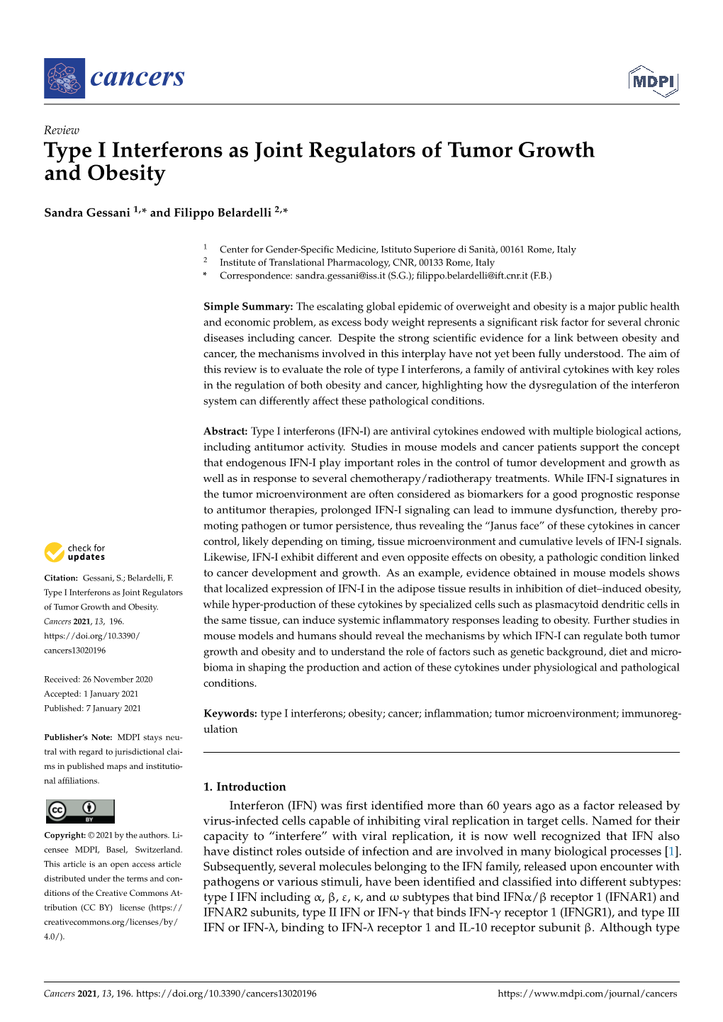 Type I Interferons As Joint Regulators of Tumor Growth and Obesity