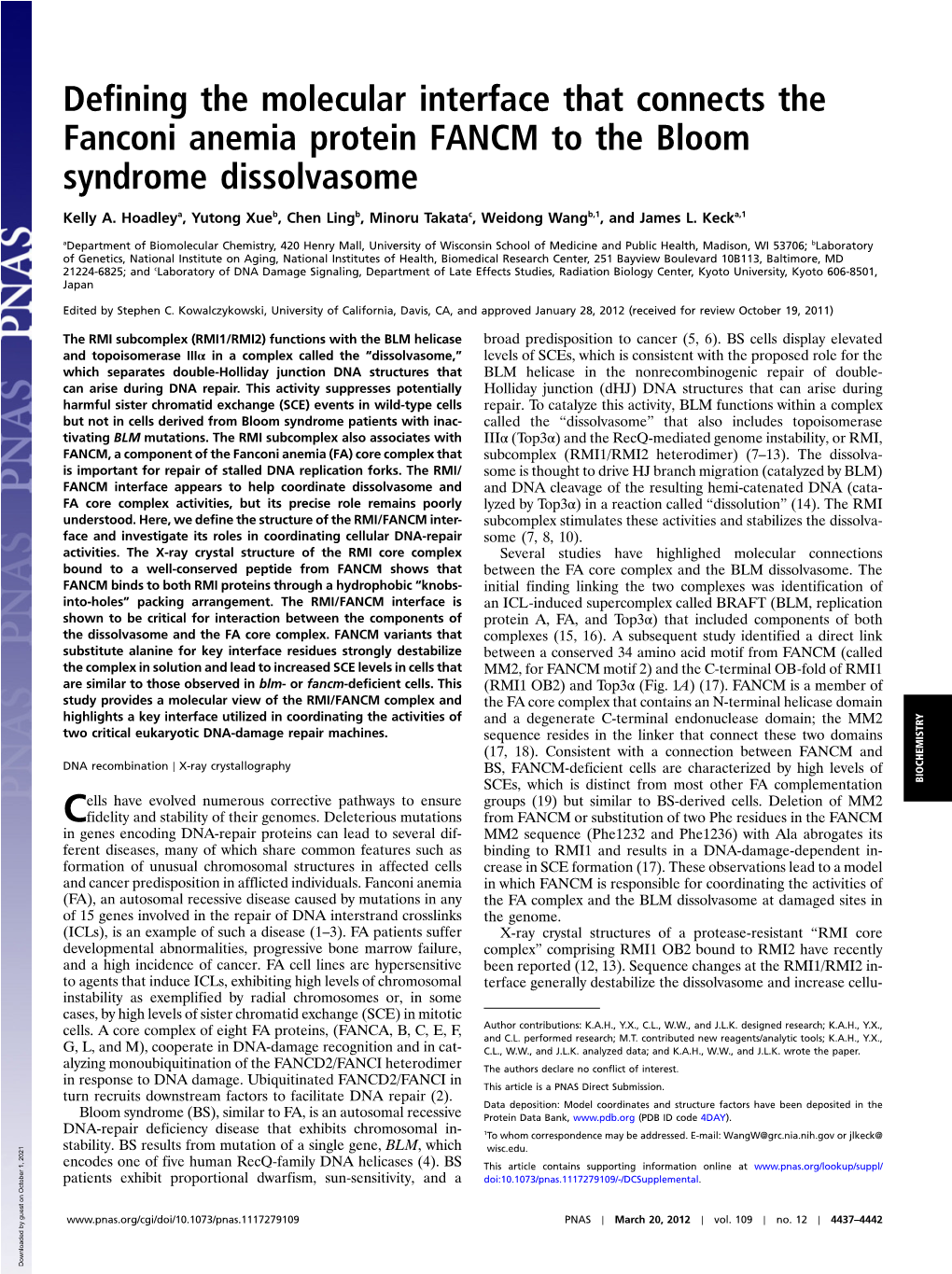 Defining the Molecular Interface That Connects the Fanconi Anemia Protein FANCM to the Bloom Syndrome Dissolvasome