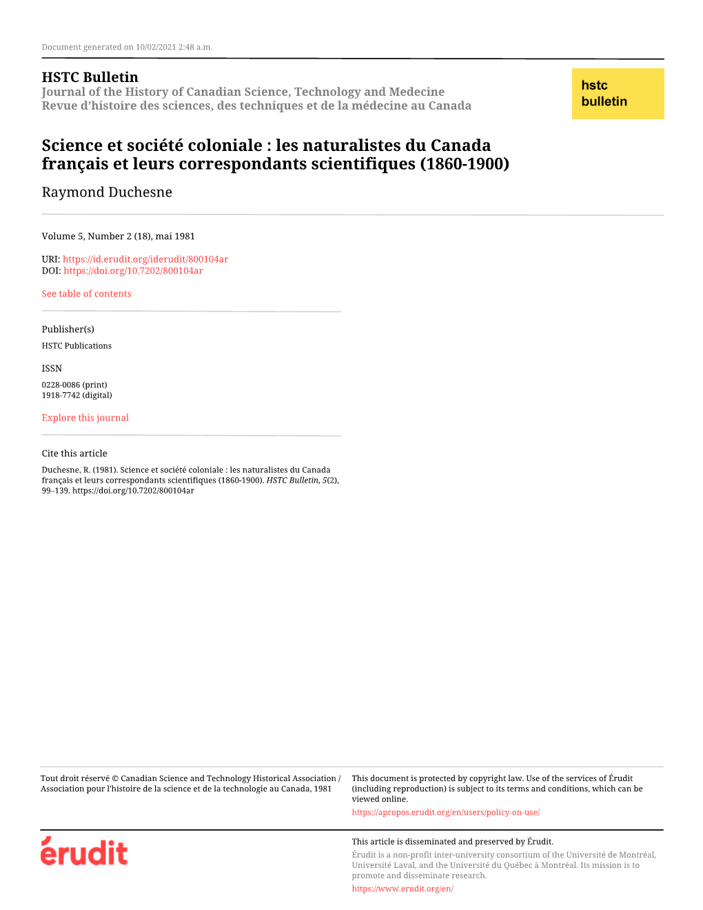Science Et Société Coloniale : Les Naturalistes Du Canada Français Et Leurs Correspondants Scientifiques (1860-1900) Raymond Duchesne