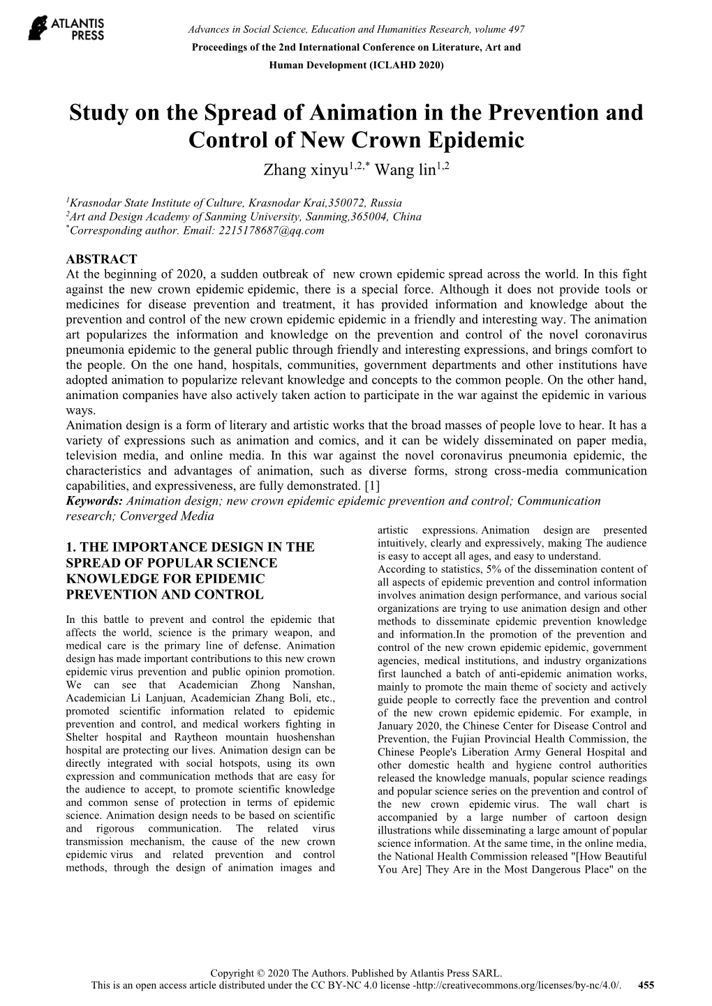 Study on the Spread of Animation in the Prevention and Control of New Crown Epidemic Zhang Xinyu1,2,* Wang Lin1,2