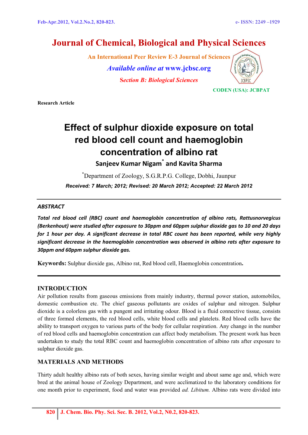 Effect of Sulphur Dioxide Exposure on Total Red Blood Cell Count And