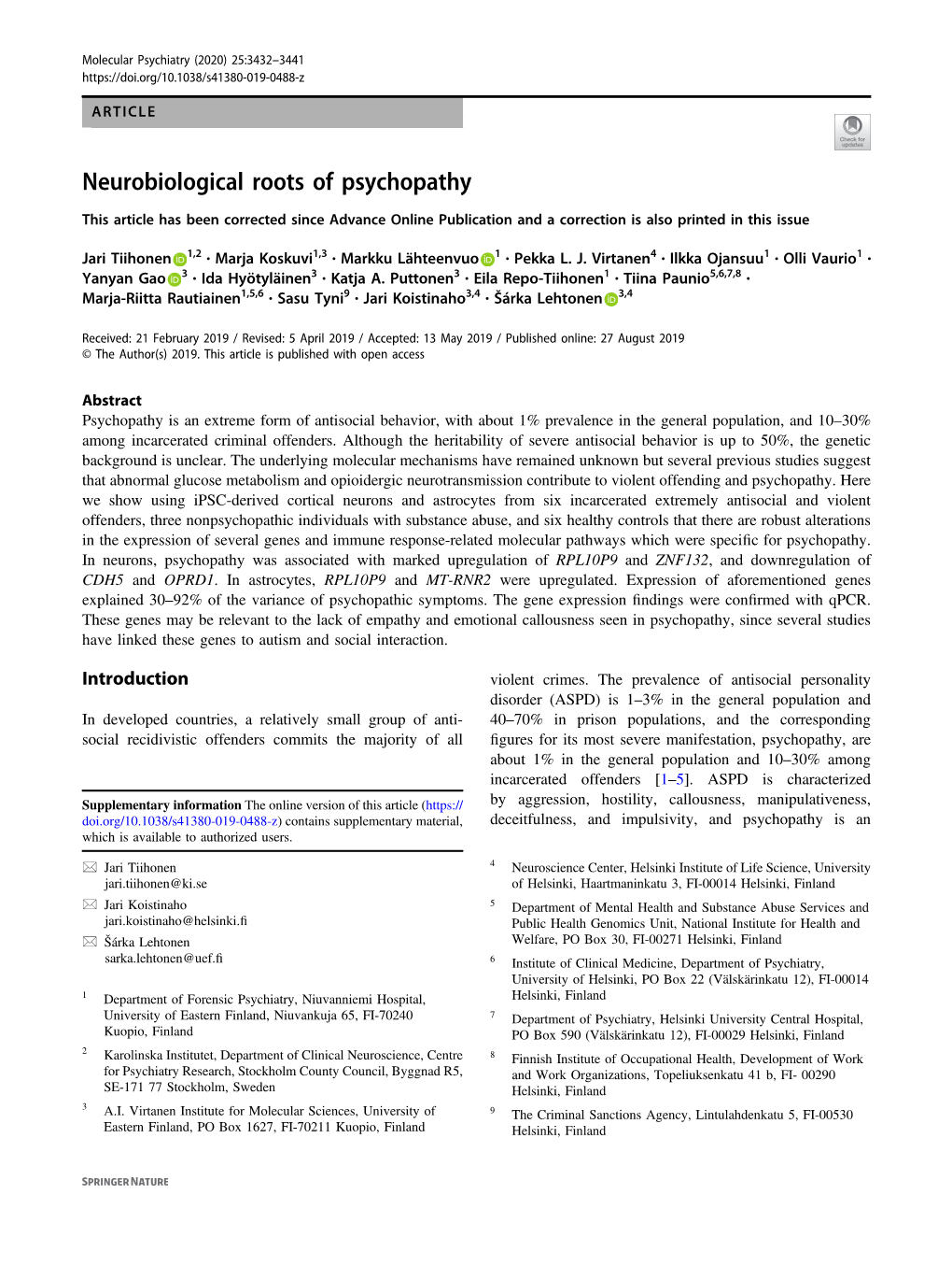 Neurobiological Roots of Psychopathy This Article Has Been Corrected Since Advance Online Publication and a Correction Is Also Printed in This Issue