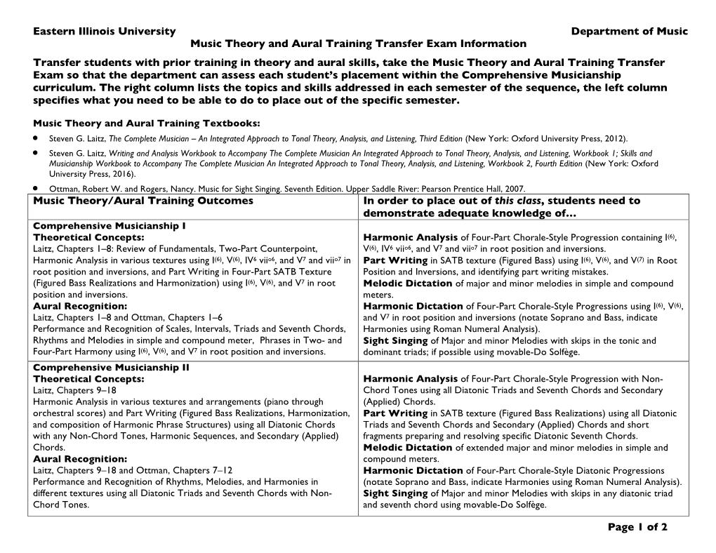 Eastern Illinois University Department of Music Music Theory and Aural Training Transfer Exam Information