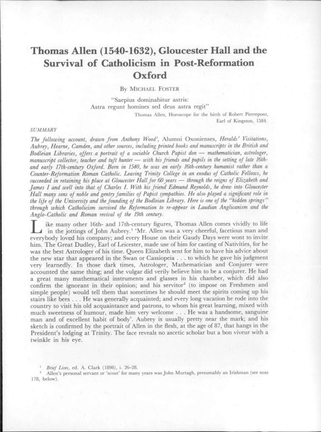 Thomas Allen (1540-1632), Gloucester Hall and the Survival of Catholicism in Post-Reformation Oxford