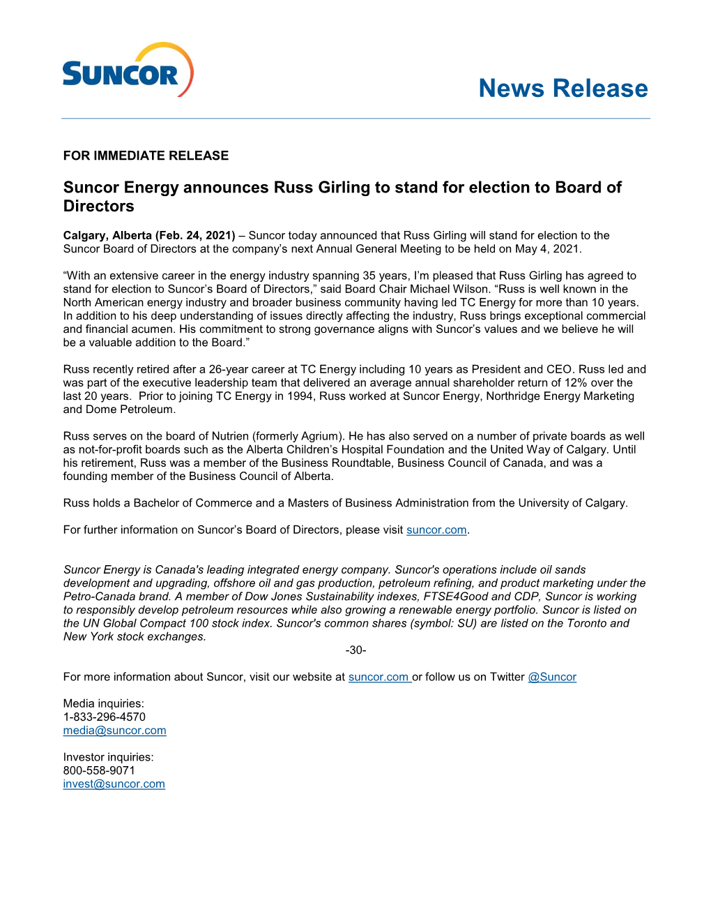 Suncor Energy Announces Russ Girling to Stand for Election to Board of Directors
