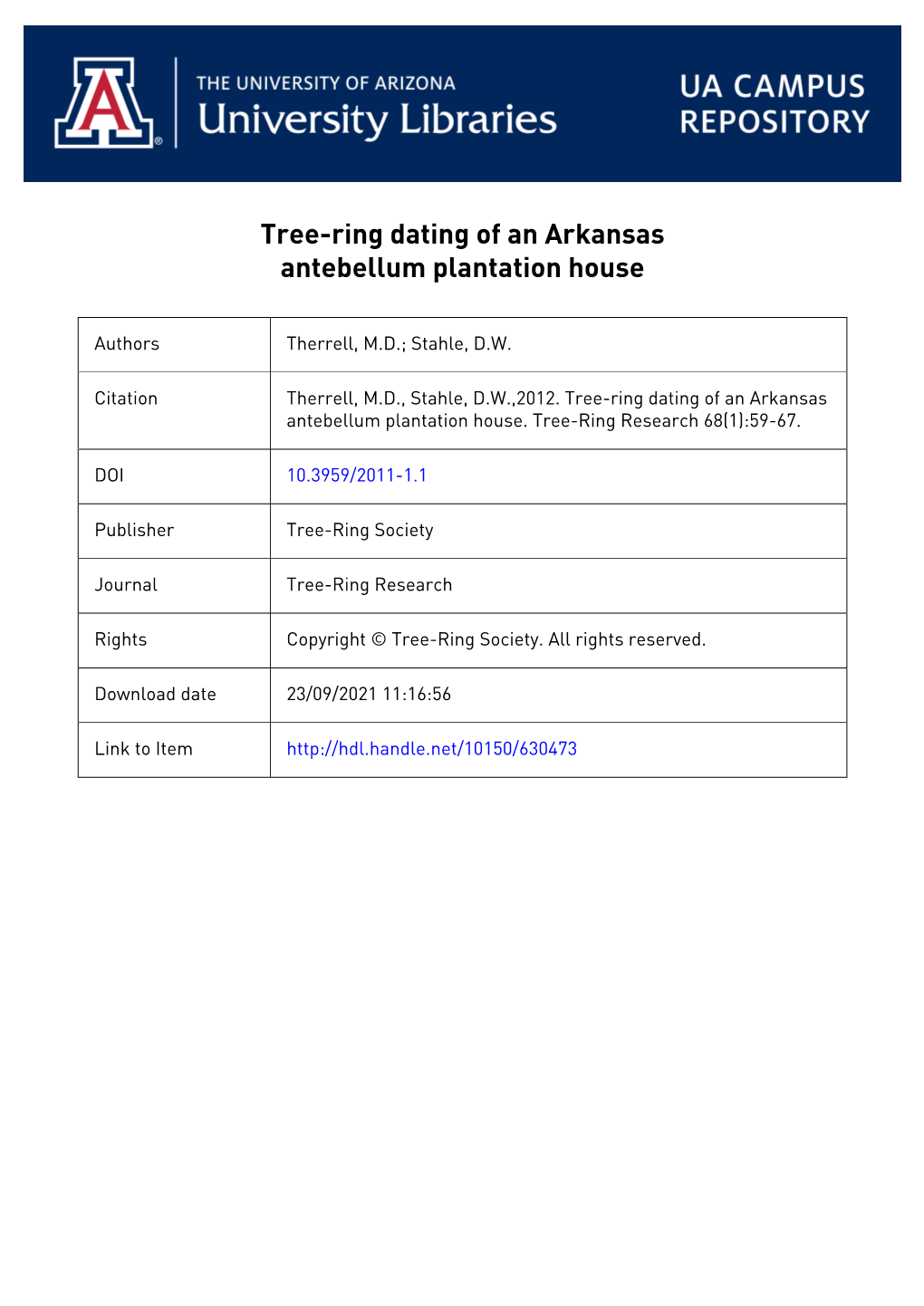 Research Report Tree-Ring Dating of an Arkansas Antebellum Plantation House