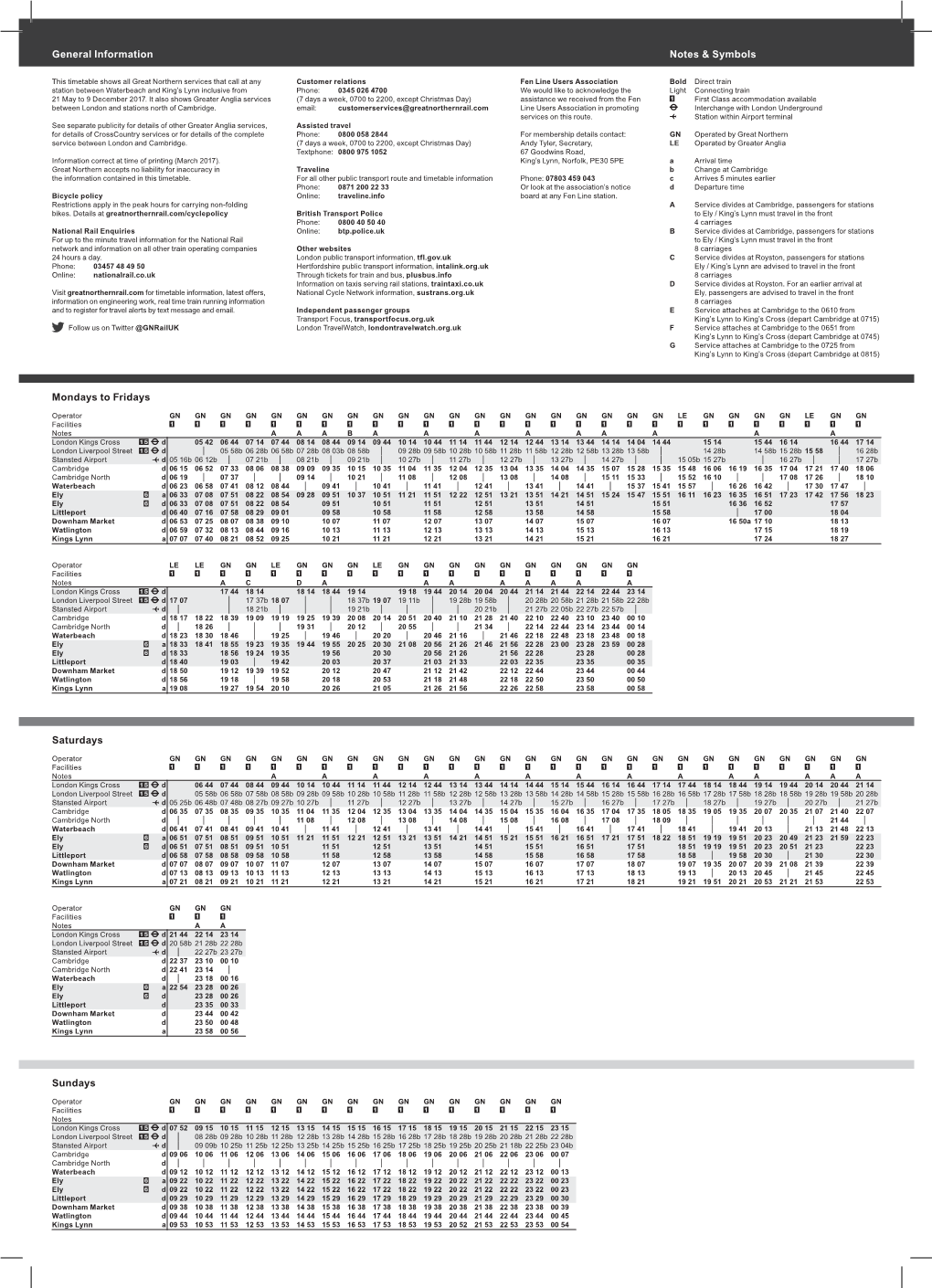 Mondays to Fridays General Information Notes & Symbols