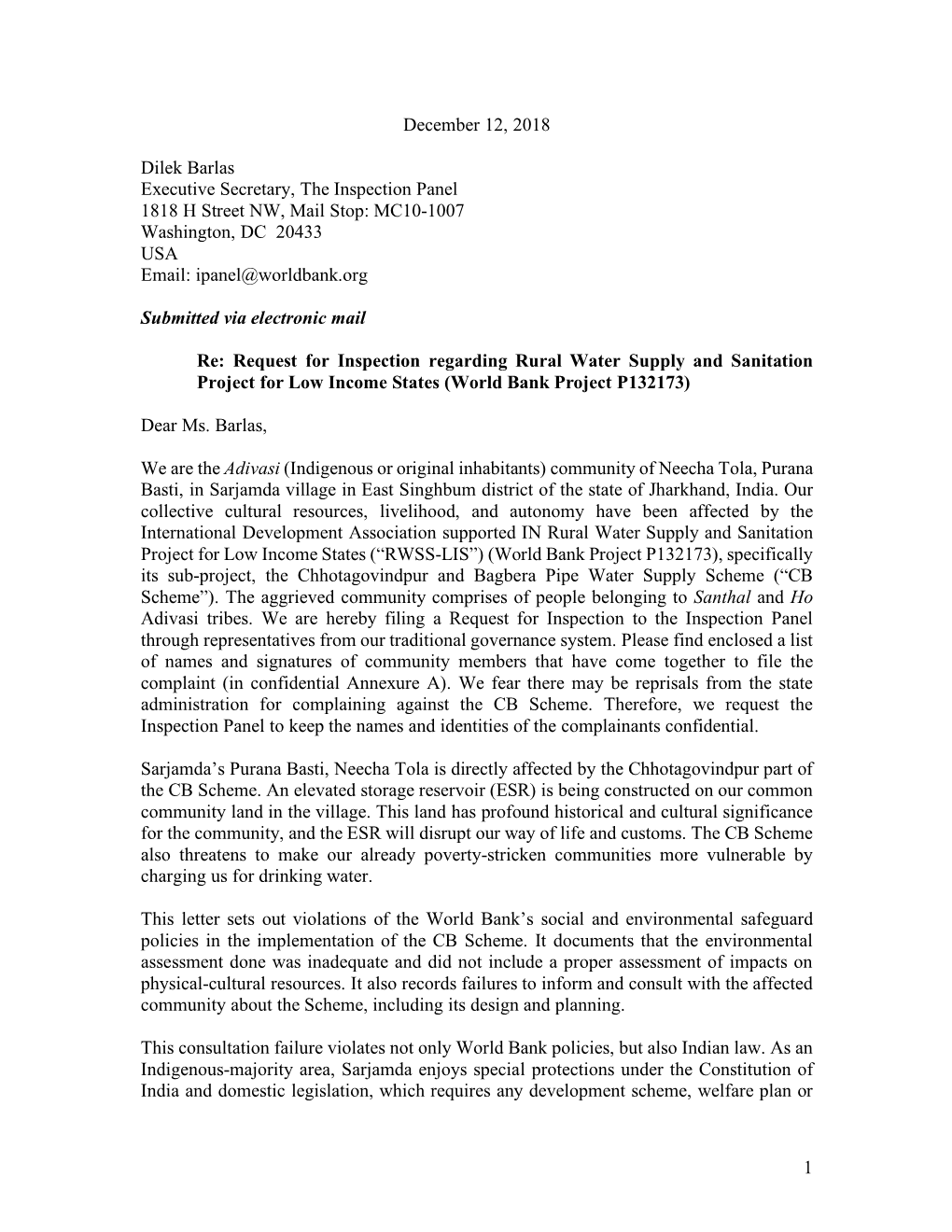 Request for Inspection Regarding Rural Water Supply and Sanitation Project for Low Income States (World Bank Project P132173)
