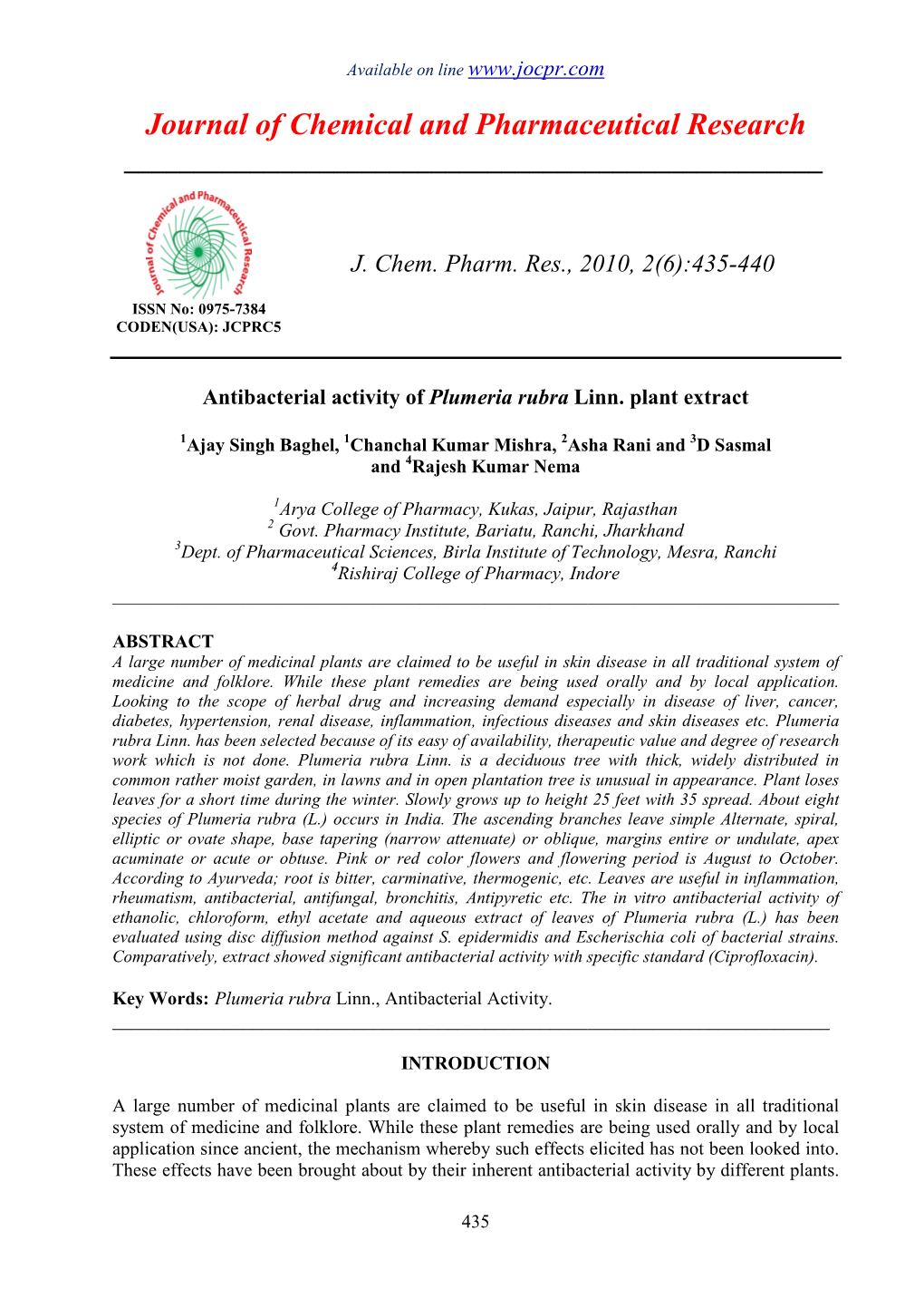 Antibacterial Activity of Plumeria Rubra Linn. Plant Extract